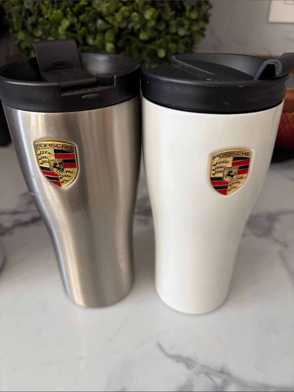 Porsche Stainless Steel & White Travel Tumbler Set - Gold Crest Logo